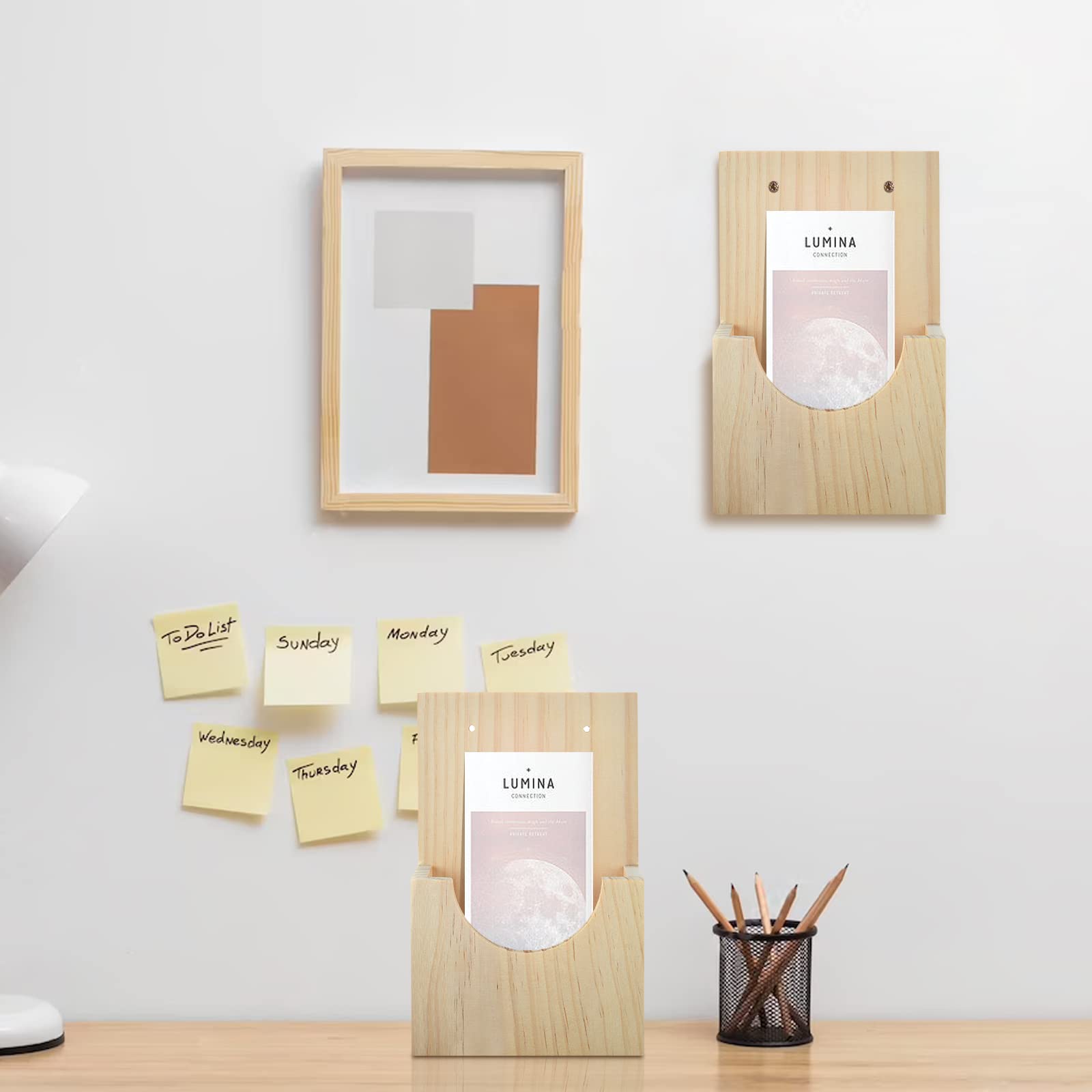 Soporte de madera 2 en 1 para folletos de pared, soporte de exhibición colgante para folletos de 4 x 6 y folletos triples, ideal para oficina