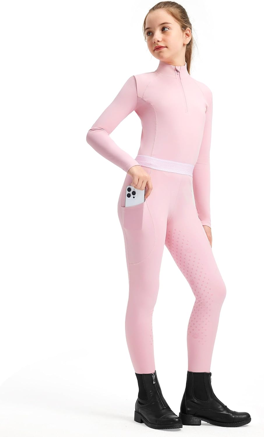 FitsT4 Sports Girls Equestrian Outfits, 2 Piece Kids Horse Riding Set, Girls Equestrian Shirt & Knee-Patch Silicone Breeches