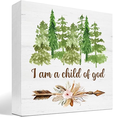 Letrero de madera cristiana con texto en inglés "I am a Child of God", decoración de escritorio con flecha floral de bosque, caja de madera