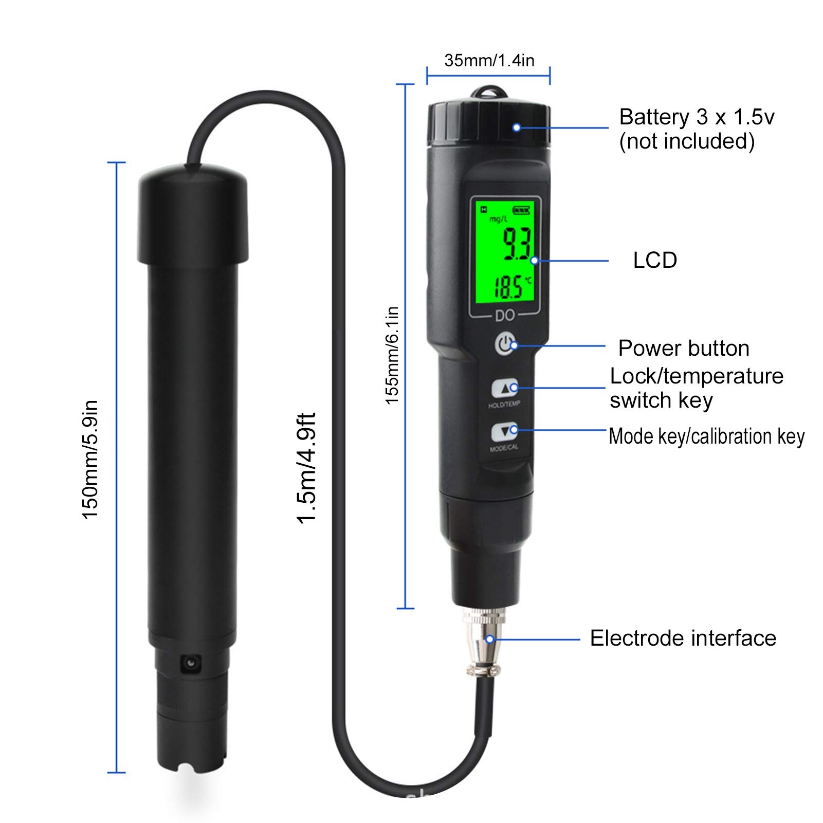 01 Misuratore Portatile di Ossigeno disciolto e Temperatura, intervallo di misurazione: 0-40,0 MG/l, compensazione Automatica della Temperatura, Adatto per acquacoltura d'Acqua Dolce,