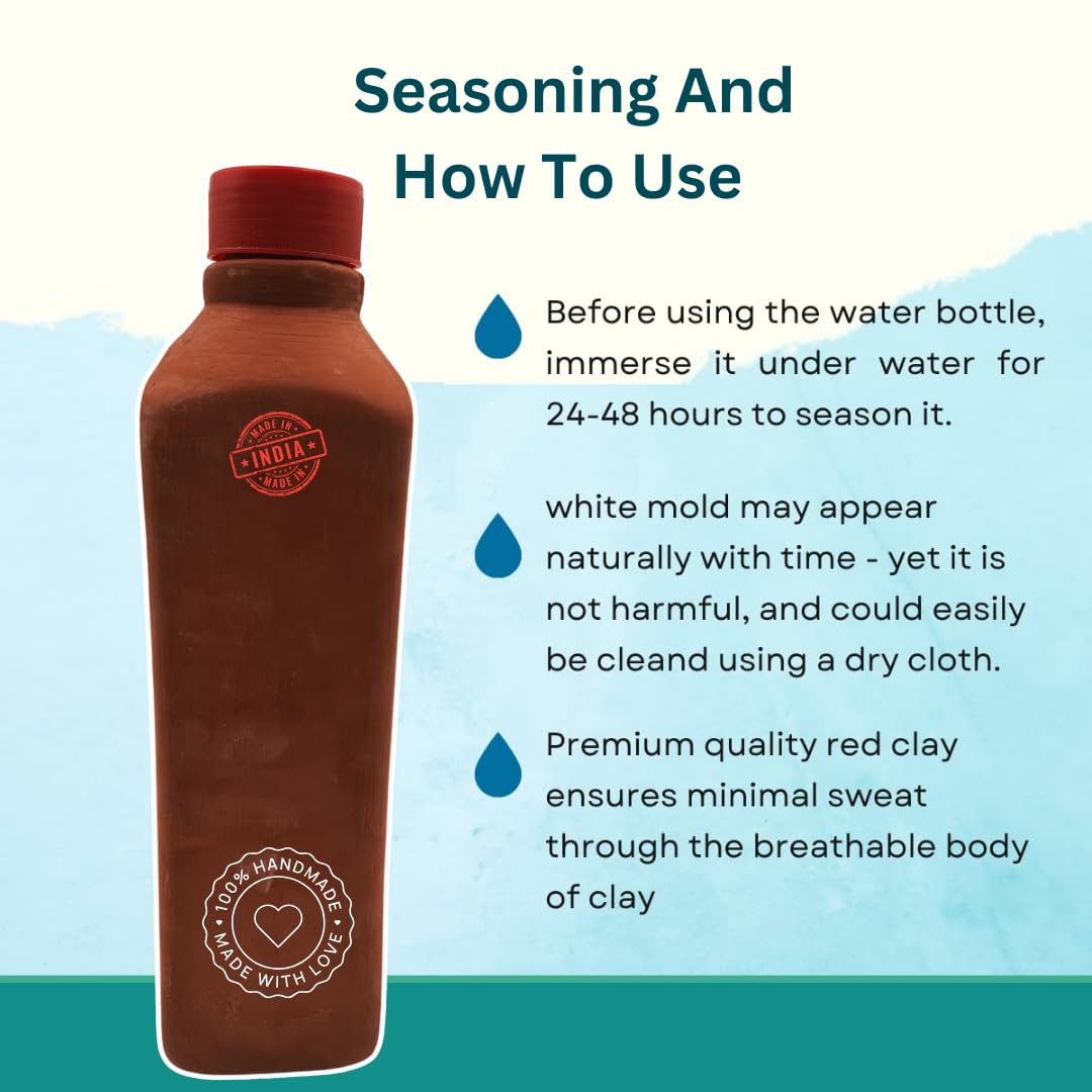 Botella de agua de arcilla roja con tapa, terracota hecha a mano, a prueba de fugas y naturalmente refrescante, botella ecológica con estampado de flores para agua potable (1000 ml