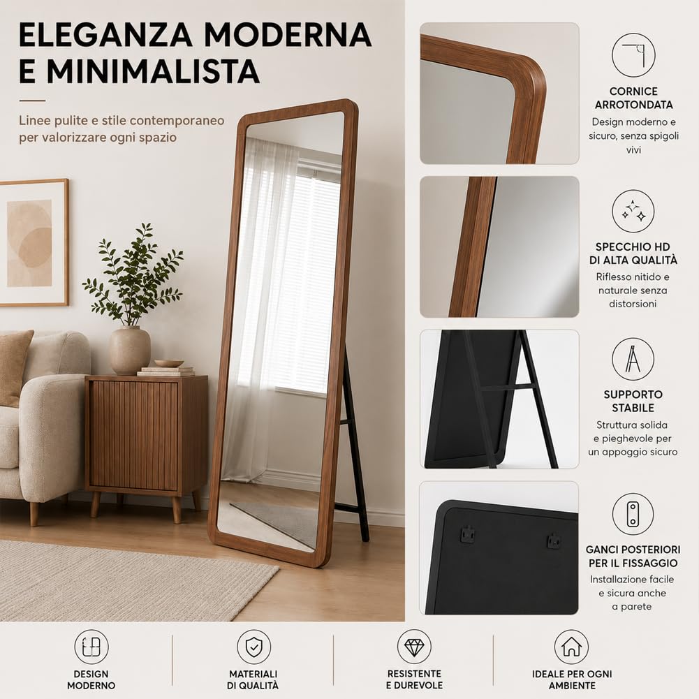 Shally Dogan Specchio Figura Intera Doppia Installazione da Parete o Indipendente, Specchi Design Moderno da Terra o da Muro, Ideale per Camera da Letto, Ingresso, 160 x 50 cm