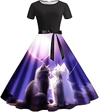 Womens Fashion Valentines Day Cat Print Round Neck Short Sleeve Retro Casual Dress One Short Maxi Dresses for