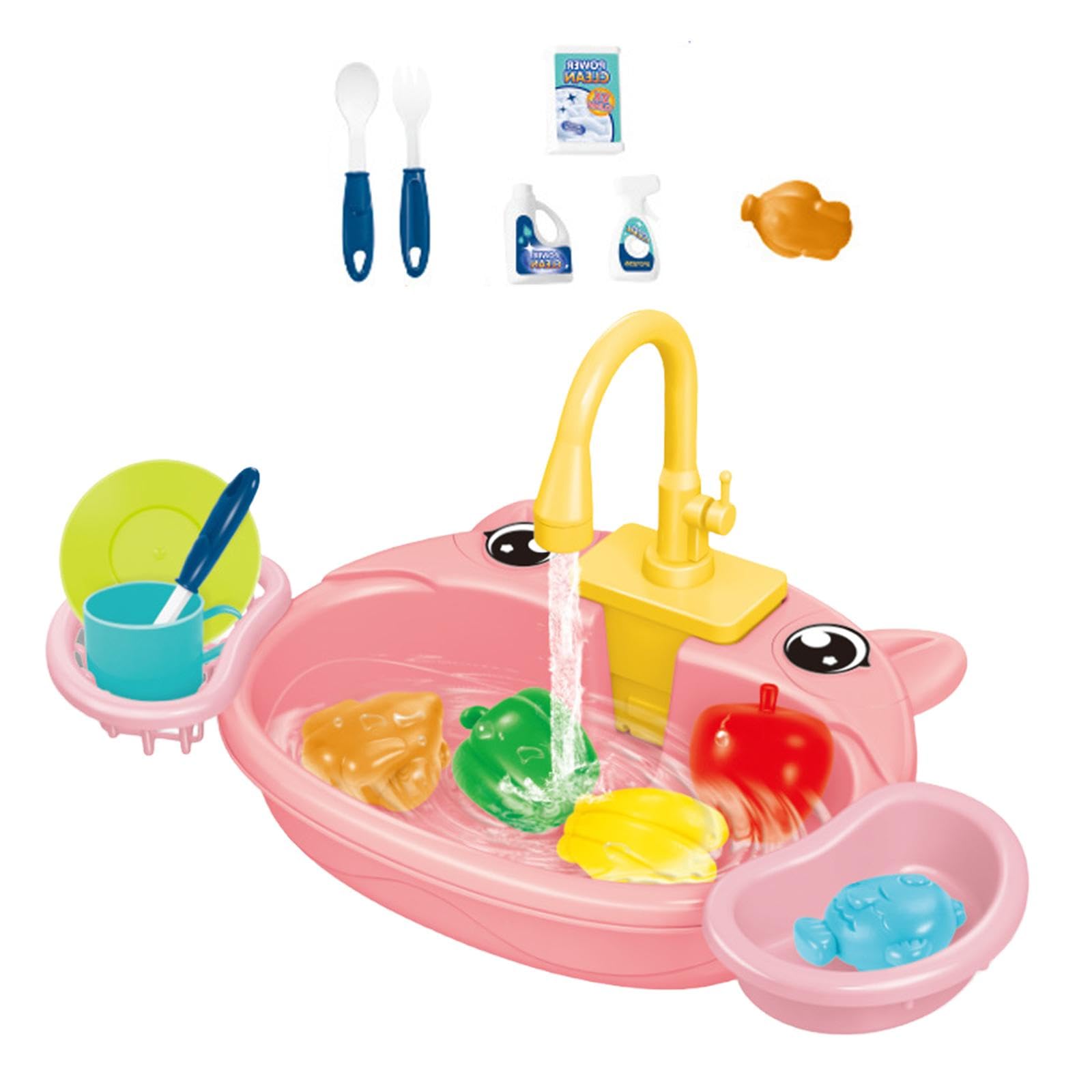 Kitchen Lavandino Giocattolo Set Bambini Simulazione Lavastoviglie Giocattolo Accessori Cucina Funzione Circolazione Acqua Adatto per Gioco, Maiale Rosa