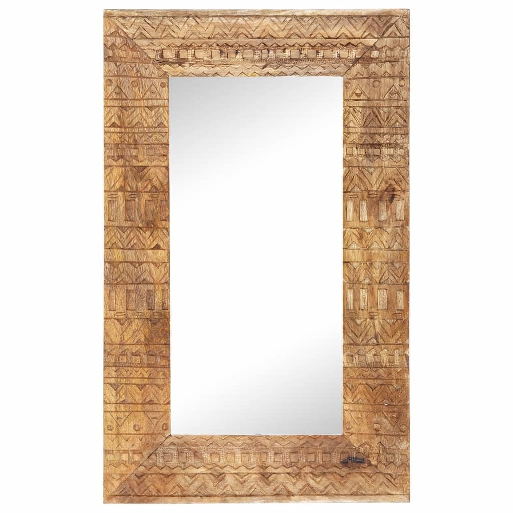 Ręcznie rzeźbione lustro ścienne 80 x 50 x 2,5 cm z litego drewna mango, dekoracyjne lustro drewniane z unikalnym rysunkiem słojów i ręcznie rzeźbionym wzorem, trwałe i wytrzymałe