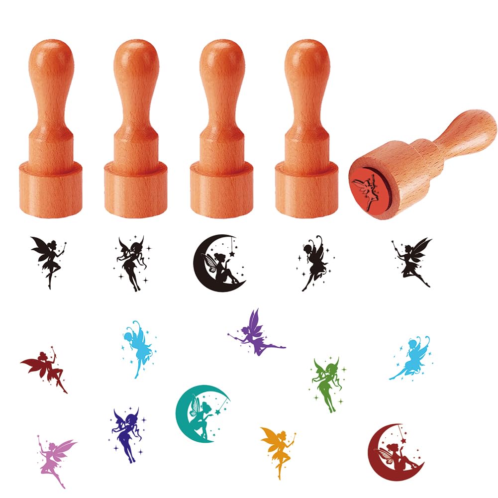 AHANDMAKER 5 Styles Fairy Tale Decorative Stamps Fairy Pattern Mini Wooden Rubber Stamp for Scrapbooking Card Making Planner Decal