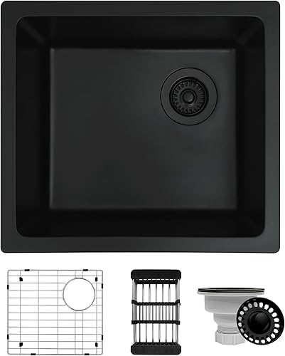 MONSINTA Fregadero de bar, fregadero de barra bajo montaje, fregadero de barra negro de 19 x 17 pulgadas, fregadero de cocina con accesorios,