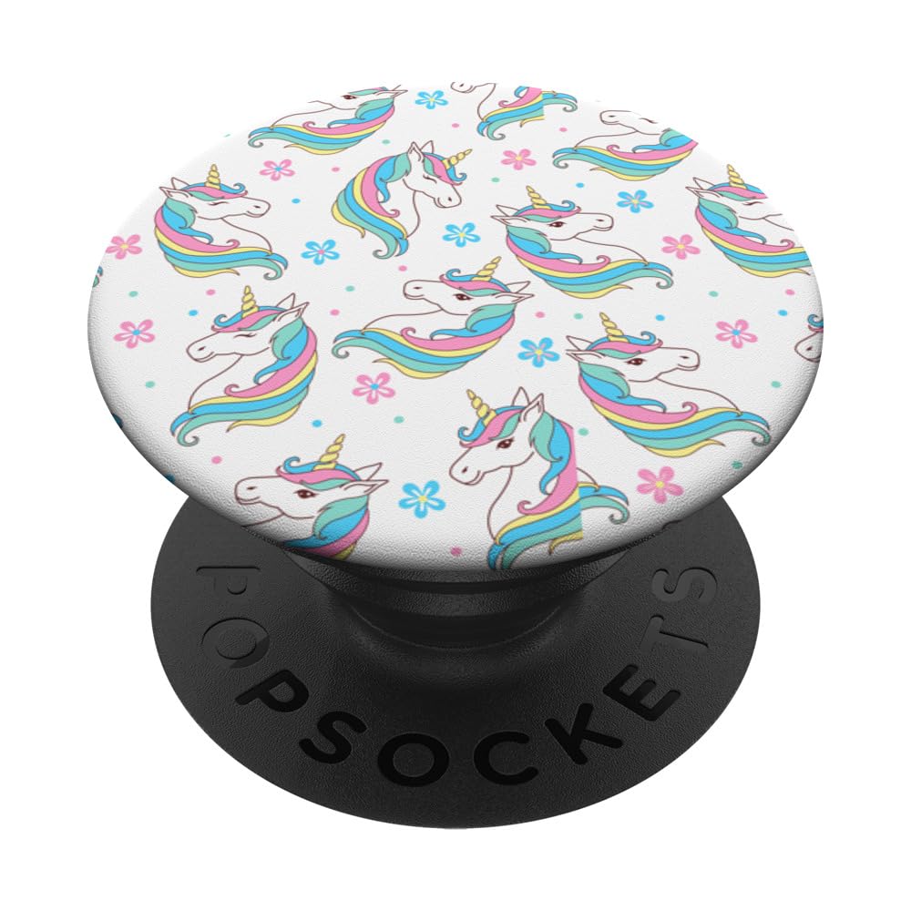 Unicorn Girls Cartoon White Background Pattern Graphic PopSockets Swappable PopGrip, Black