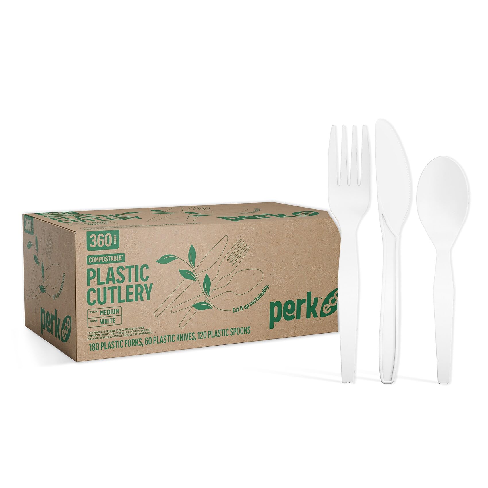 Perk Eco Compostable PLA Assorted Cutlery, 360 Count Bulk Disposable Utensils (Forks, Spoons & Knives), Medium‑Weight, White