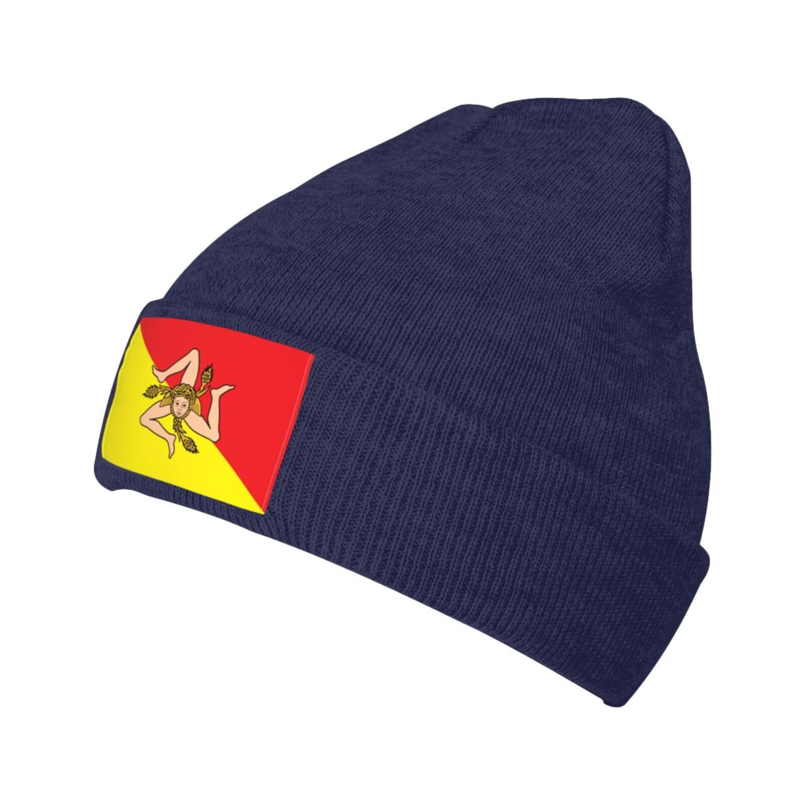 xinchenxin Flag of Sicily Beanie Hat for Men Women Warm Cozy Knit Skullies Cap Acrylic Winter Hats Navy Blue