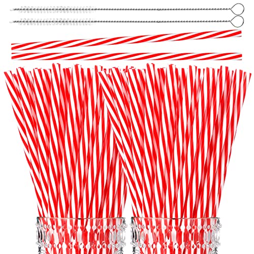 Vesici 9 Inch Striped Straws Reusable Plastic Straws with Cleaning Brush Red Striped Hard Drinking Straws Unbreakable Mason Jar Straws for Christmas Party Decoration Supplies (Red and White,102 Pcs)