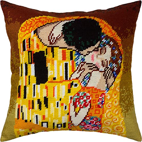 Brvsk Romantic Embroidery Kit for Adults and Beginners — The Kiss by Gustav Klimt 16″ × 16″ with Clear, Precise Printed Design on Cotton Canvas; Includes 2 Needles, Yarn, and Easy-Read Chart
