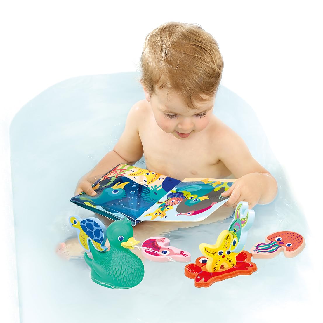 LUDI Lucky Duck & Friends - Cofanetto da bagno 3 in 1 - Anatra aspergore, 6 animali in schiuma e libro da bagno - Sviluppo motorio e immaginazione - a partire dai 10 mesi