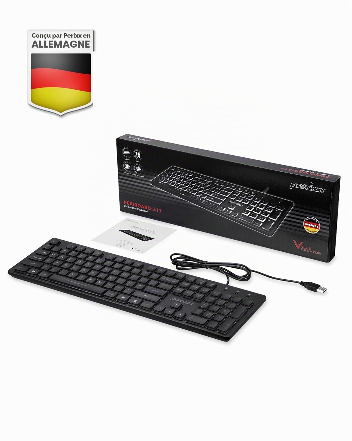 Perixx PERIBOARD-317 Clavier Rétroéclairé Filaire USB, Touches à Membrane, LED Blanche, AZERTY Français, Windows Compatible