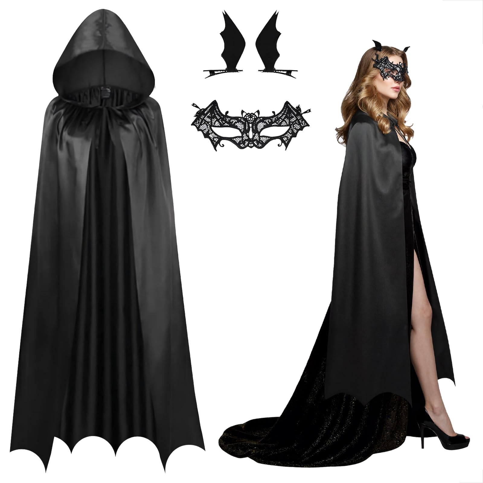 Gibocot 3 Piece Women's Vampire Bat Costume Set with Black Hooded Cape, Bat Eyemask & Wing Hair Clips for Halloween Fancy Dress Cosplay & Haunted House Parties