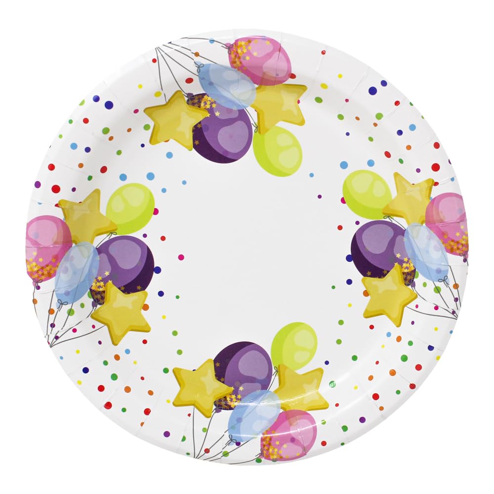 Aromhuset Pappteller 23 cm – 200 Stück – Buntes Ballonmotiv – 14g Stabil – 18 mm Tiefer Rand – Auslaufsicher – Umweltfreundliche Einwegteller für Hochzeiten, Partys & Catering