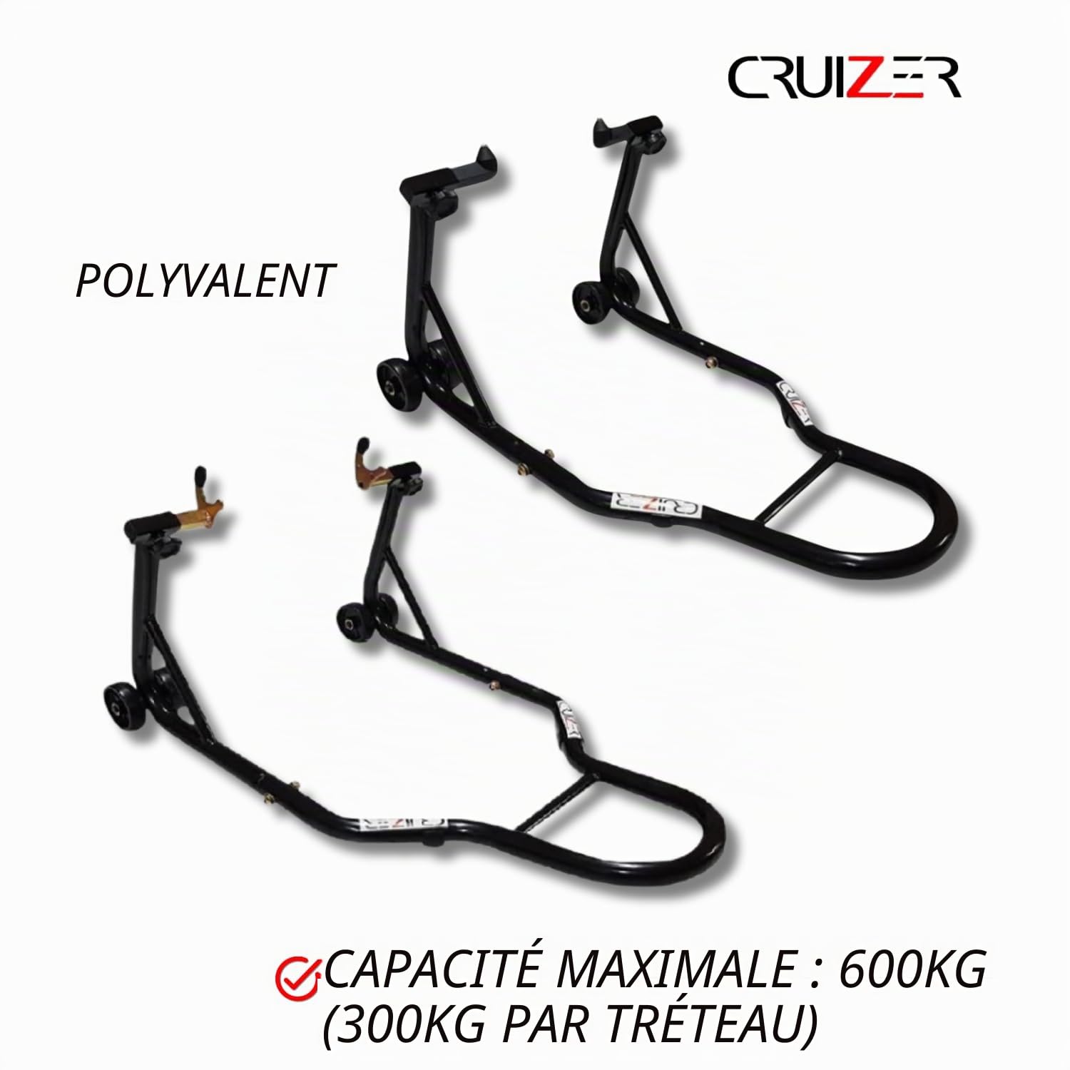 Cruizer Lot de crics lève-moto universels avec attaches à cônes à l’avant et à fourches à l’arrière, roues sous-jacentes et barres de renfort latérales