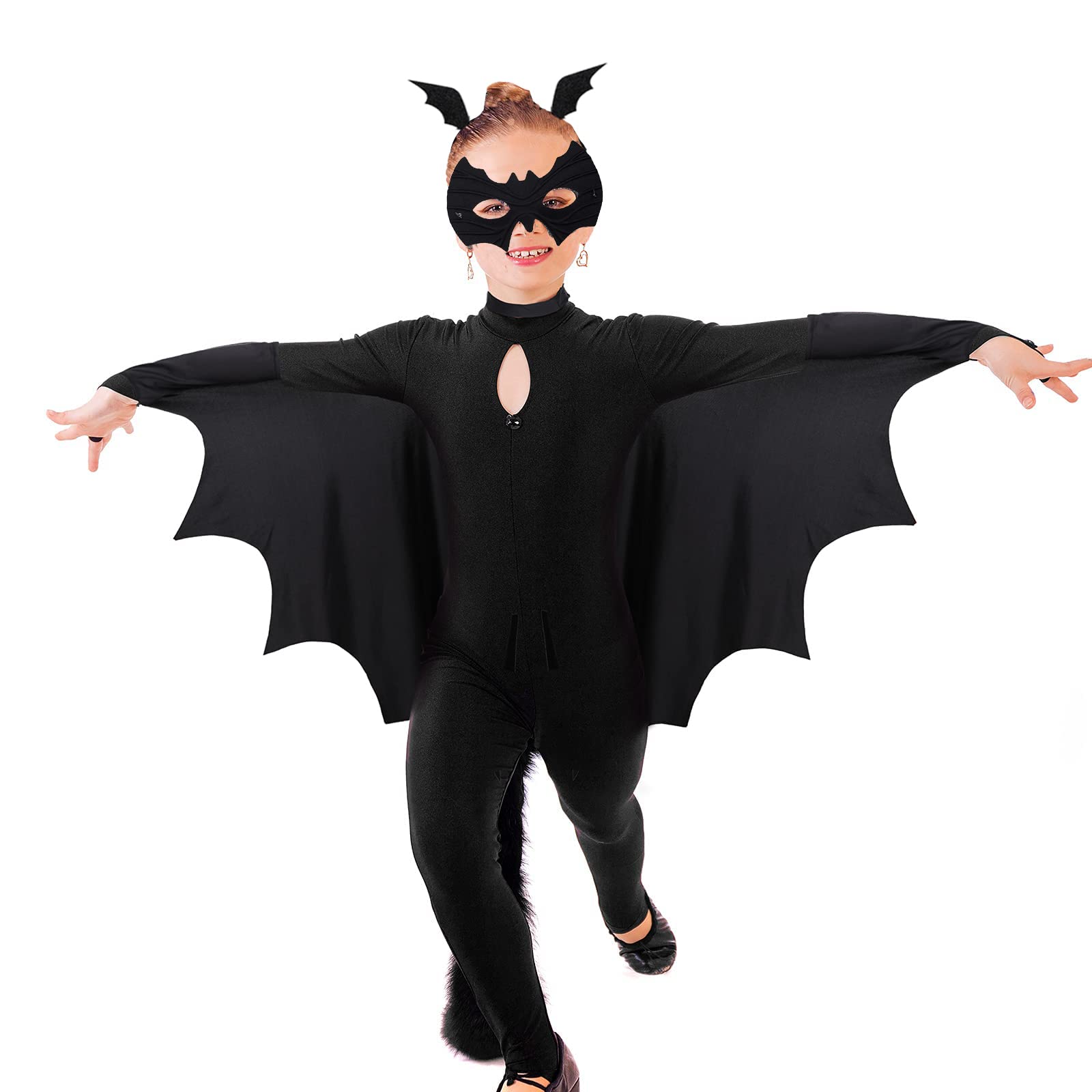 Mizijia Costume Pipistrello Bambini, Costume Pipistrello Halloween Bambini + Maschera Pipistrello + 2 Forcina da Pipistrello, Nero Mantello Pipistrello, Costume Pipistrello Bambina/Ragazzo