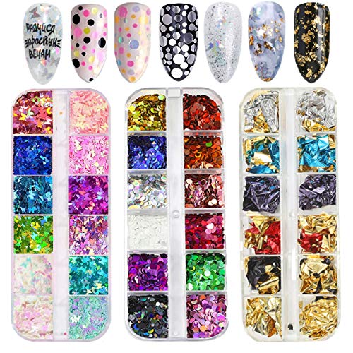 Ouflow Nail Art Supplies Set with 3 Boxes Nail Sequins Stickers, Holographic Butterfly Nail Art Glitter, Thin Round Nail Glitter Flake, Nail Paillette Chip Foil Decals Decorations