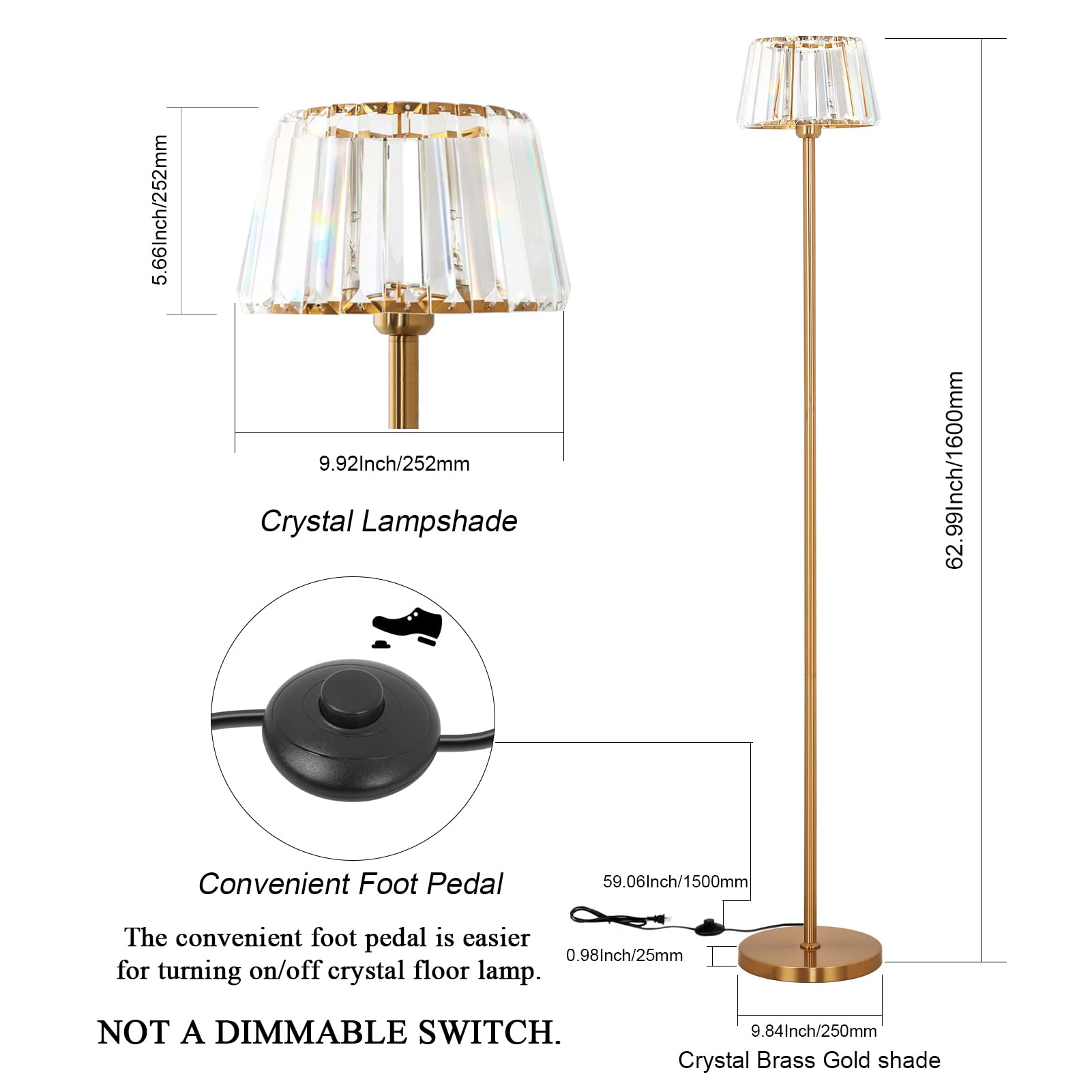 Ralbay Crystal Floor Lamp, Modern Standing Lamp with Foot Push Switch, K9 Crystal Brass Lamp Shade for Living Room Dining Room Bedroom (E26 Base Bulb Excluded)