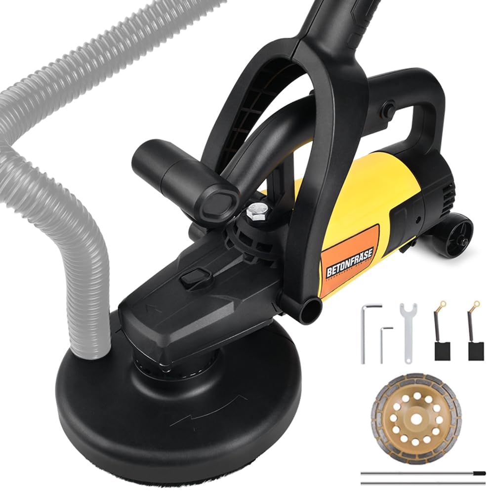 Juego de fresadora de hormigón de 3800 W, incluye mango largo, fresadora de saneamiento con cabezal de pulido de diamante (180 mm) y campana de extracción, para pared y hormigón, 6 marchas ajustables