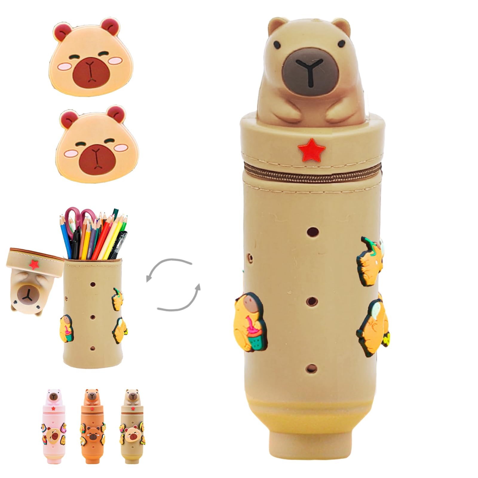 Set Capybara Kawaii: Astuccio In Silicone Elastico + 6 Penne Stilose, Simpatico Accessorio Scuola E Ufficio