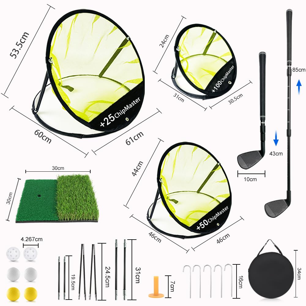 Golf Chipping Netz 6.1 x 6 x 5.35 m Golf-Übungsnetz-Set mit Rasenmatte für das Training im Innen- und Außenbereich Enthält Putter, Ball und tragbare Aufbewahrungstasche
