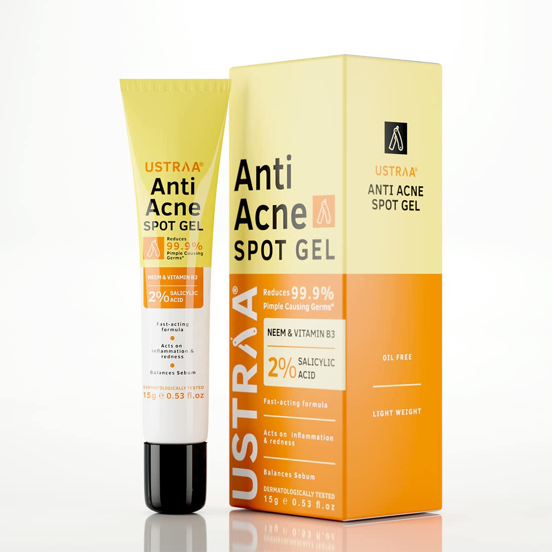 Ustraa Anti-Acne Spot Gel 15 ml, Reduces 99.9% Pimple-causing Germs, Dermatologically Tested, Oil-free, Works Directly on Acne, Reduces Acne & Redness
