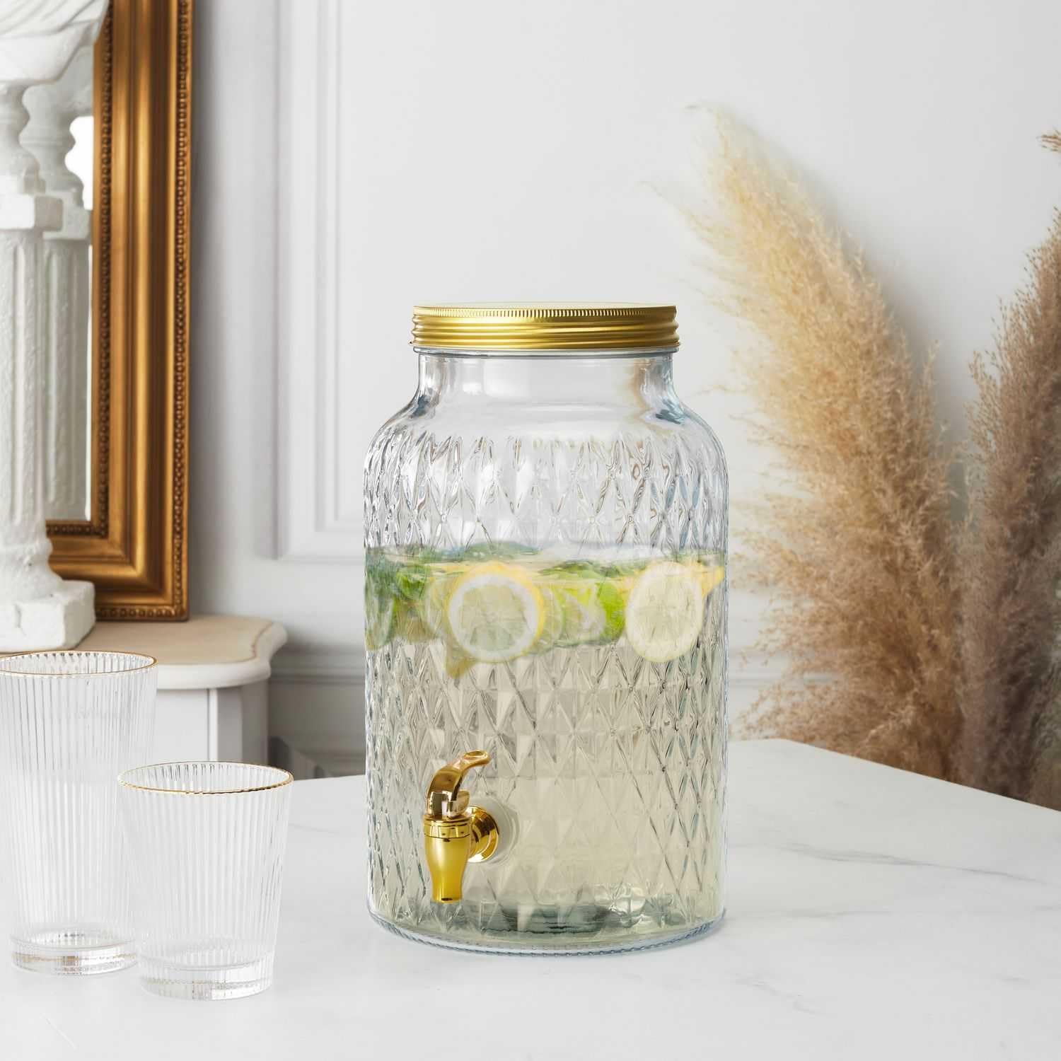 COOK CONCEPT, KA6280, 6-Liter-Trinkbrunnen im Diamant-Design, ideal für Cocktails, Biere und Säfte, praktischer Wasserhahn, perfekt für Partys und Aperitifs – transparent, goldfarben