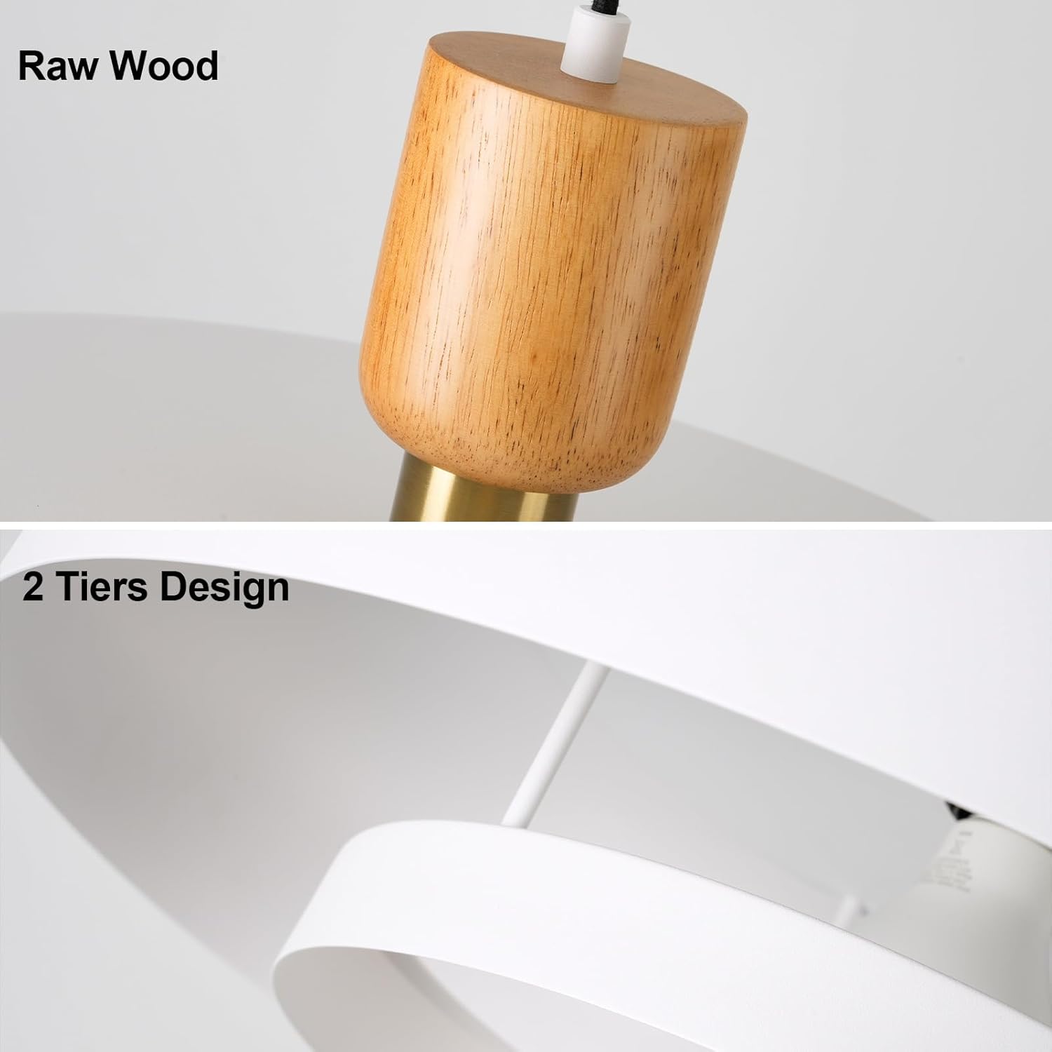 Modern Large Pendant Light 19.68 inch, 2 Tiers Matte White Shade, Natural Wood and Brass Accent, Mid Century Chandelier for Dining Room,Kitchen,Living Room