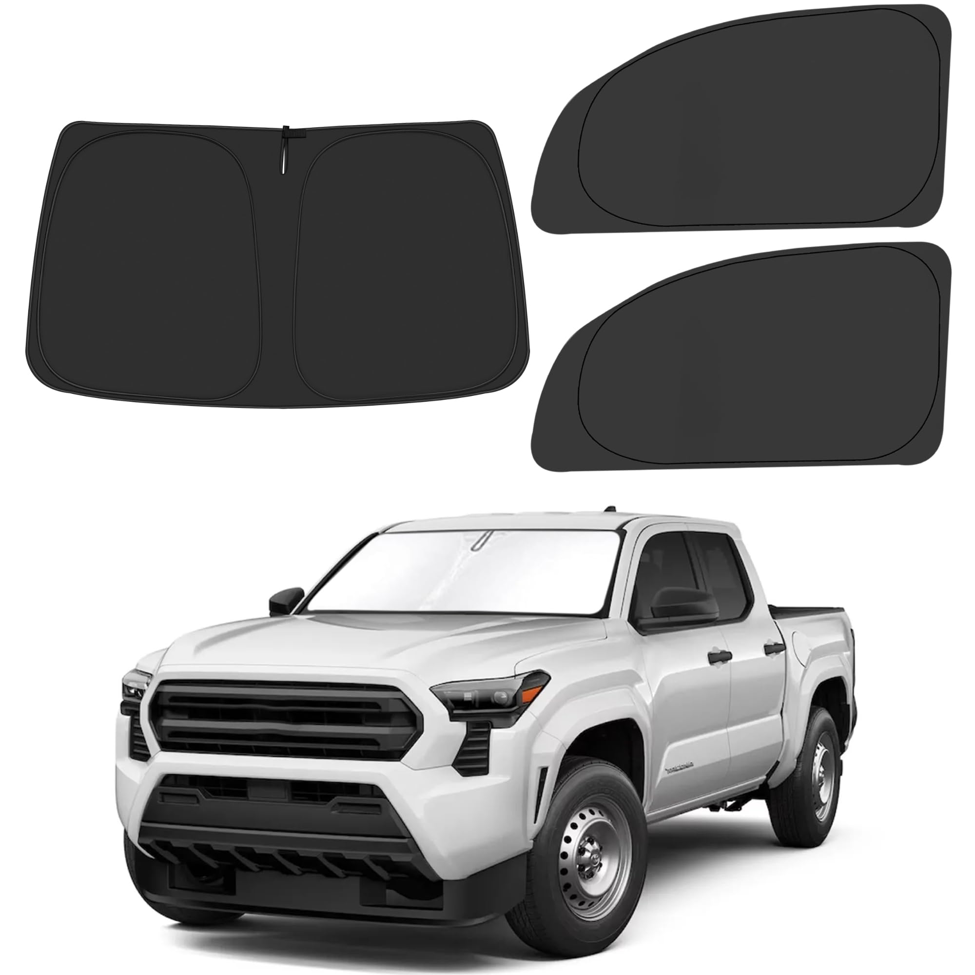 Front Windshield ＆ Side Window Sun Shade for 2016-2023 Toyo-ta Tacoma Pickup Accessories, Foldable Window Sunshade Sun Visor Protector, Window Shades Sun Shield Blocks UV Rays Heat, Pack of 3