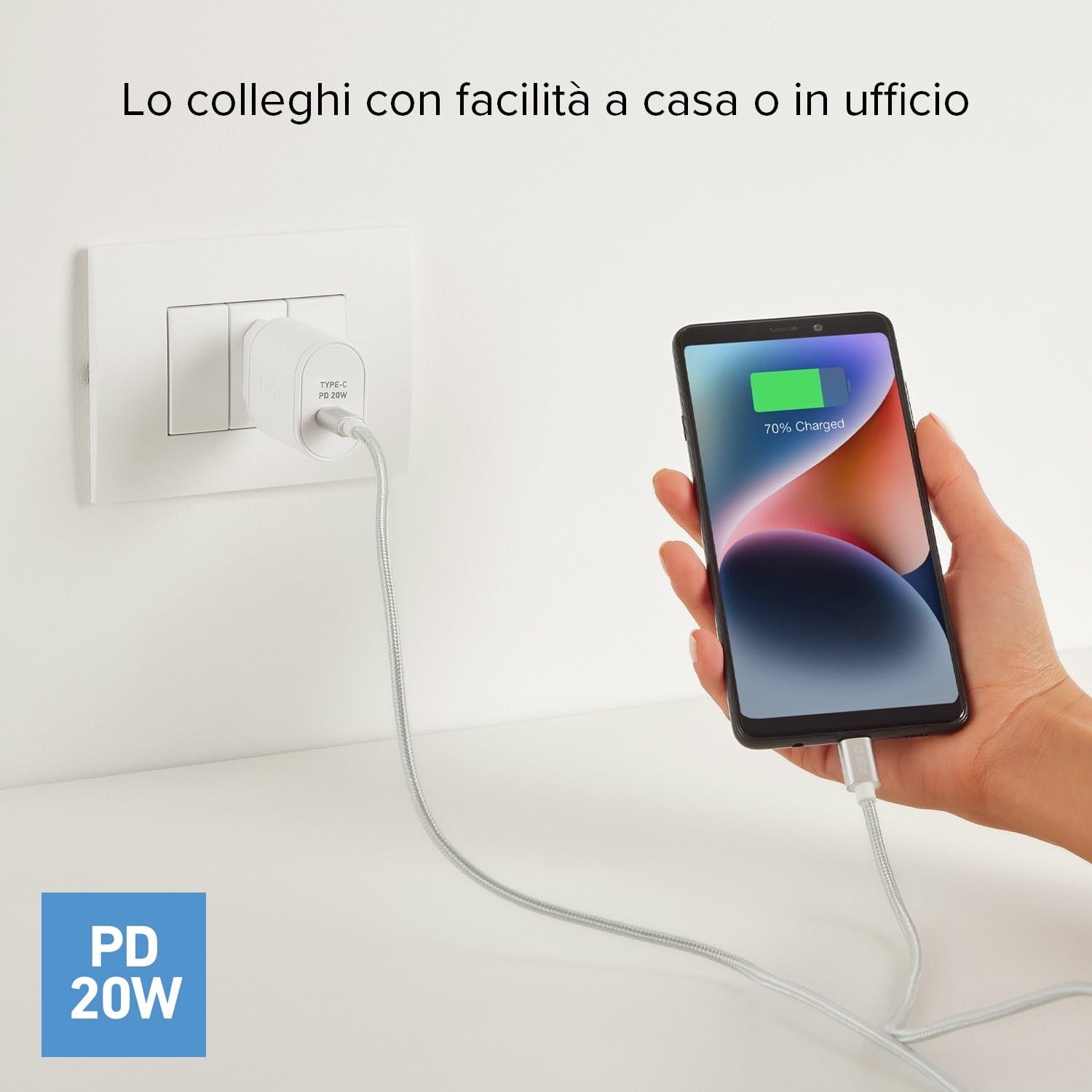 SBS Alimentatore USB-C 20W, Power Delivery (PD), Ricarica Rapida, Compatto, Caricatore per iPhone, iPad, Airpods, Samsung, Pixel, Tablet, Smartphone, Bianco