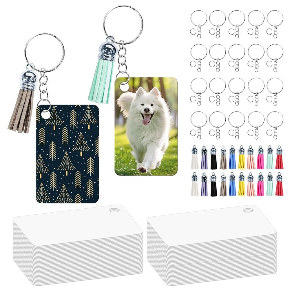 CTRLZS 160 Pcs Metal Sublimation Keychain Blanks Bulk Set with Rectangle Sublimation Blanks Tassels Keychai for DIY