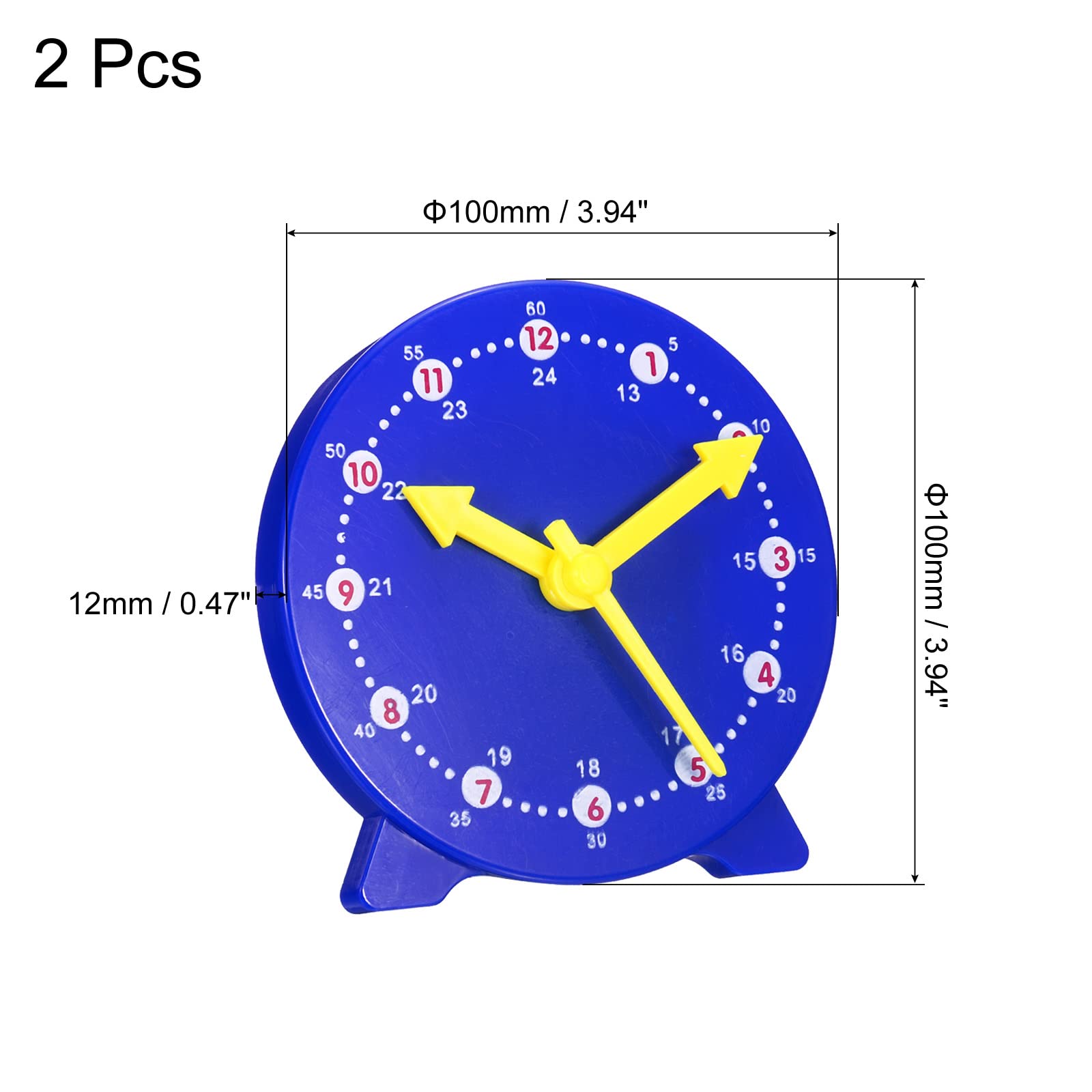 PATIKIL 4 inch Teaching Clock, 2 Pack Learn Clock Learning Tell Time Analog Clock Demonstration Clock 24 Hour 3 Pointers Geared Movement for Classroom Teacher, Blue