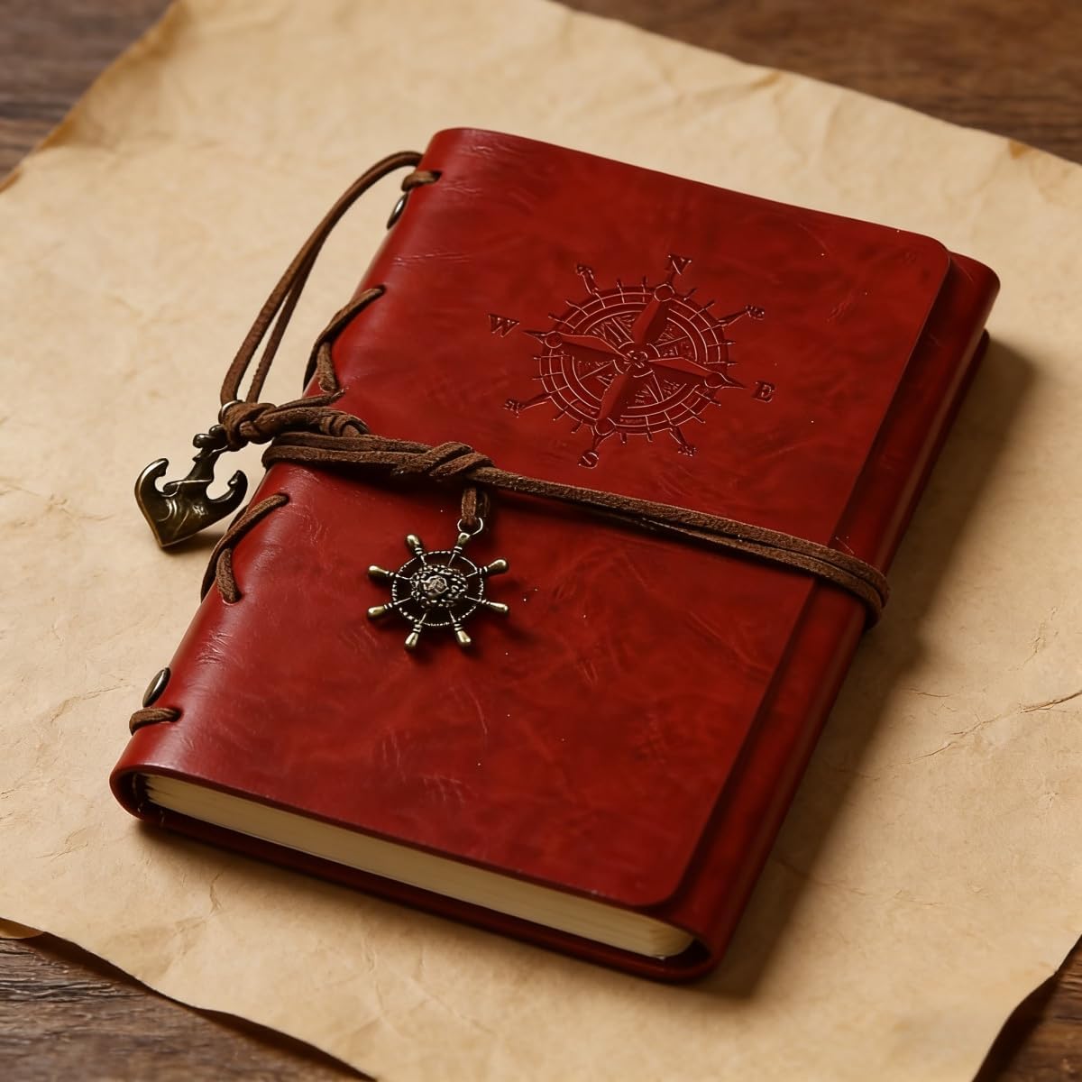 Retro A7 Loose-Leaf Notebook Leather Cover Creative Simple Planner with Hanging Ornaments for Travel Notes Daily Pocket, Red