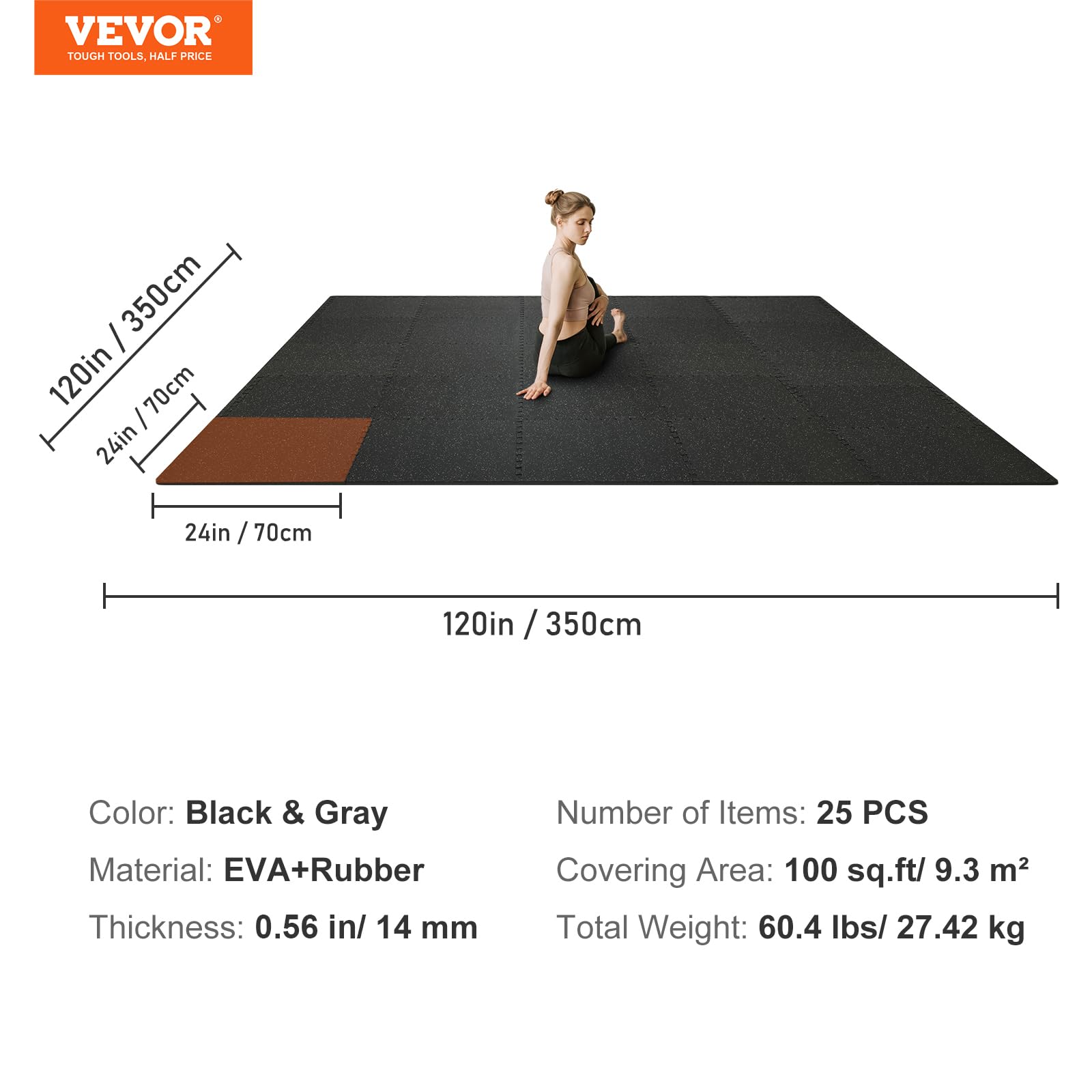 VEVOR Tapis en Caoutchouc à Emboîtement 25 Pcs Protections Sol en Mousse 14 mm d'Épaisseur Tapis de Sol Emboîtables 9,3 m² Noir Gris Réduction du Son et du Bruit pour Protéger Vos Surfaces des Rayures