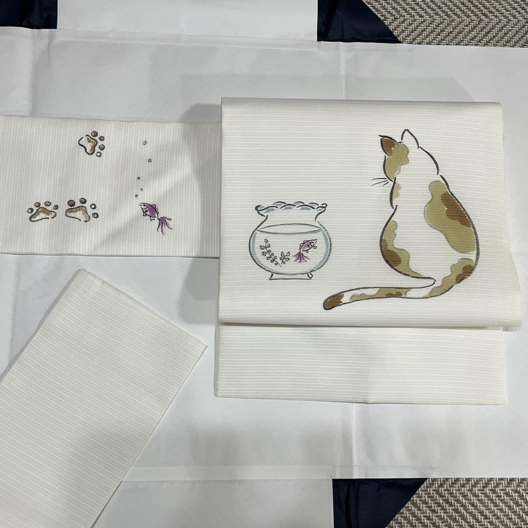 Amazon.co.jp: 正絹 夏名古屋帯 紗絽 手描き染帯 猫 金魚