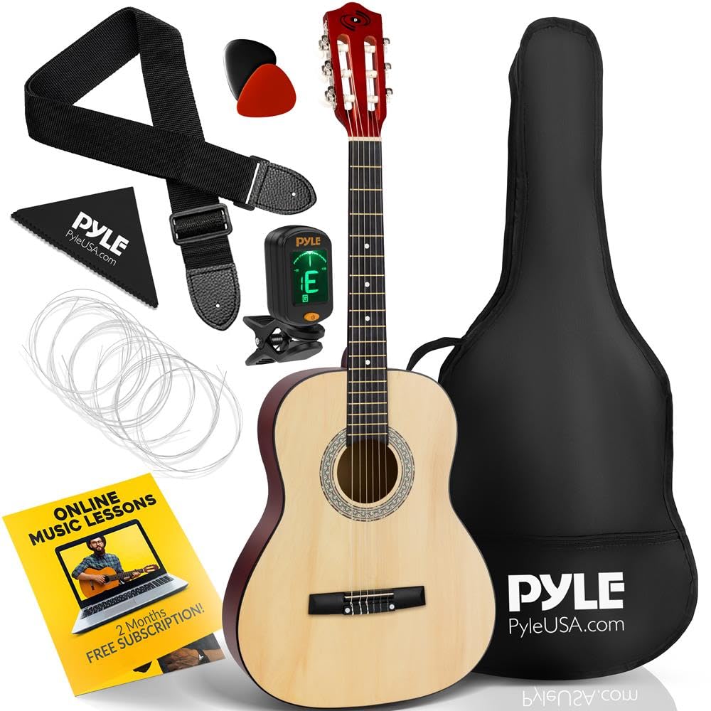 Pyle Kit chitarra acustica classica, strumento 3/4 Junior per principianti, adulti, 36 colori naturali opachi