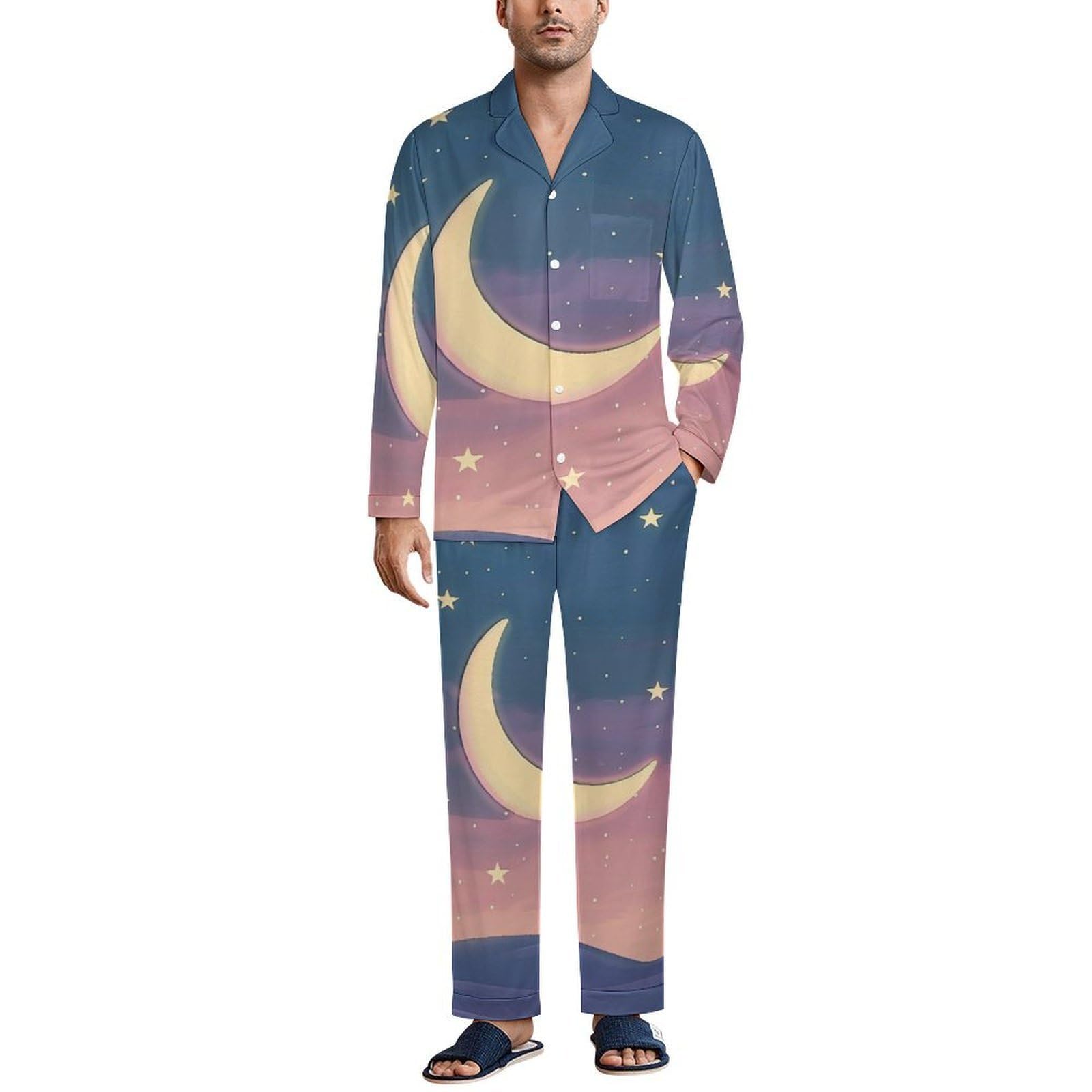 Pigiama Blu Uomo Cotone Primavera Luna della Sera Pigiama da Notte con Bottoni Pigiami Due Pezzi Maniche Lunghe Camicia e Pantaloni con Tasche