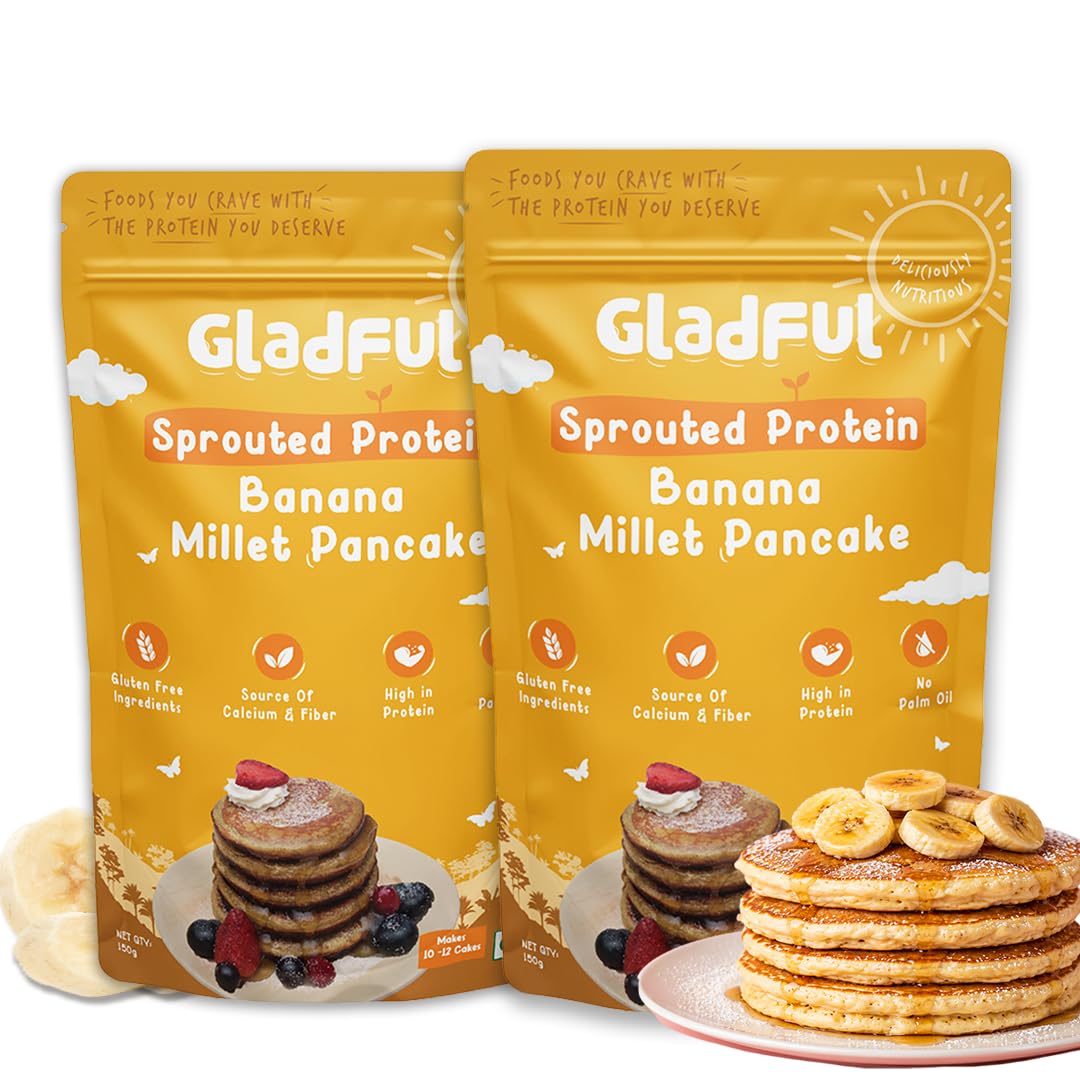 Gladful Banana Millet Pancake, No Maida, No Palm Oil, No Refined Sugar, Gluten Free, High Protein, Low Carbs, Low Gi Millet Grain, Eggless 300 Grams (Pack Of 2) - Banana