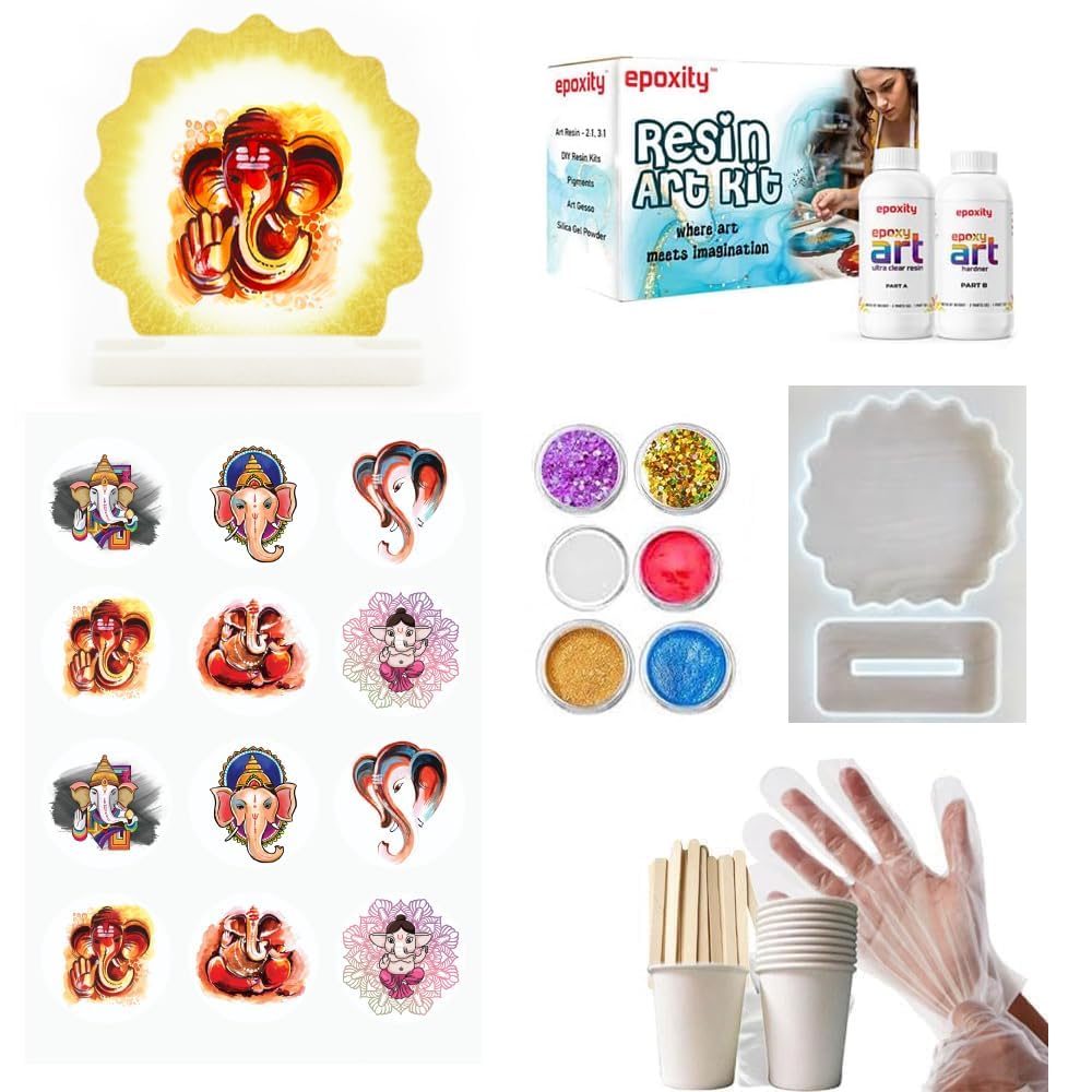 Epoxity Resin Art kit for Making Lord Ganesha Showpiece for Car Dashboard Office Desk & Home Mandir with Silicone Mold 2:1 epoxy Resin Liquid with Colour and Glitters-image-3