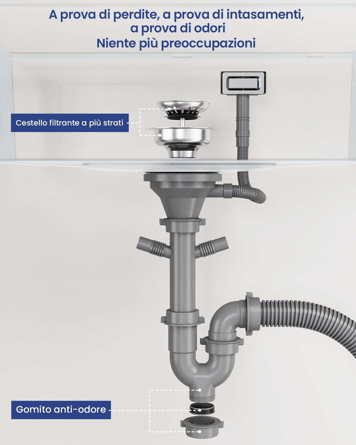 SUS 304 - Lavello da cucina da 60 x 45 cm, moderno lavello da incasso, rettangolare, in acciaio inox, per sottolavelli a partire da 60 cm, con 2 fori per rubinetto e sifone
