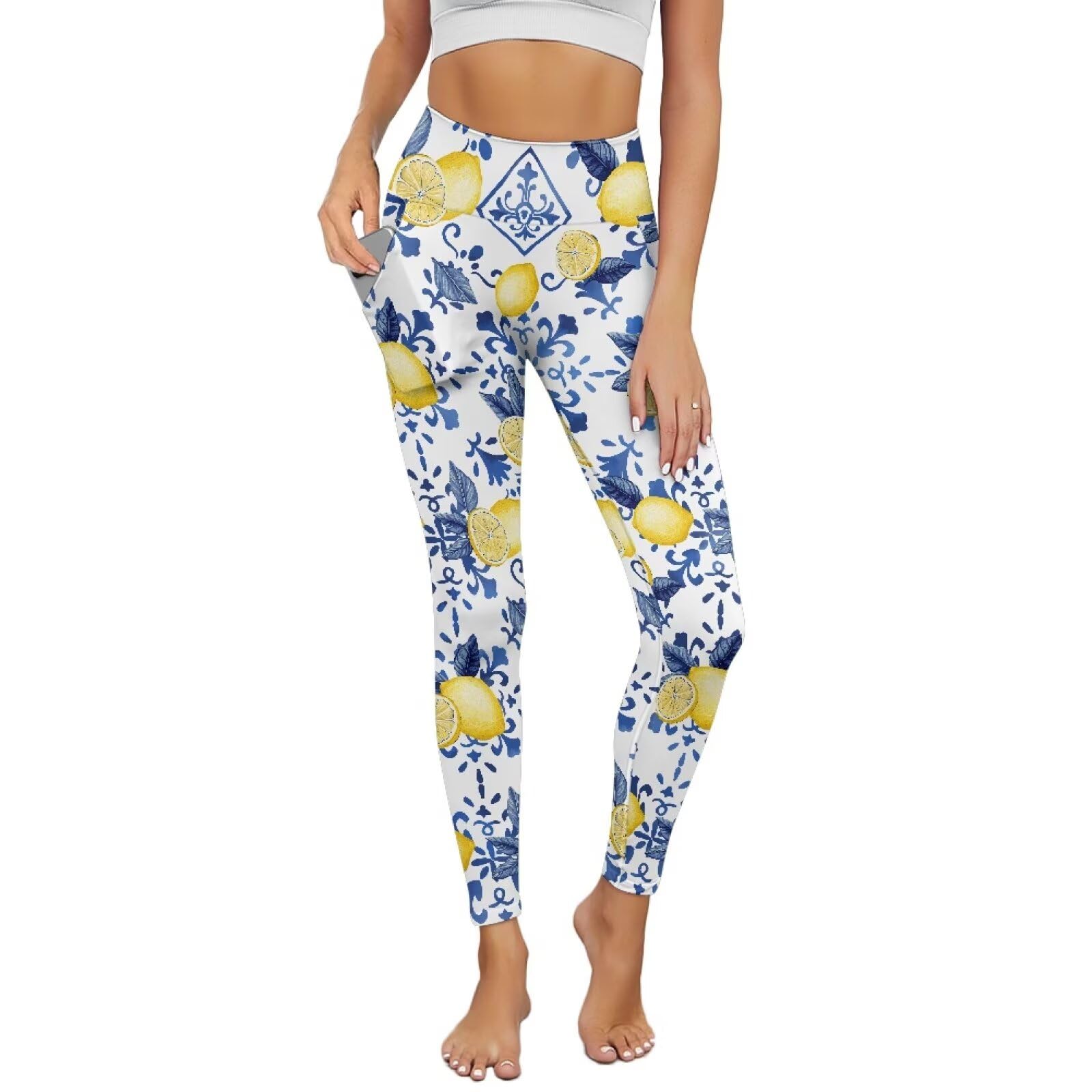 Biyejit Retro Lemon High Waist Leggings for Women Tummy Control Compression Yoga Pants Gym Workout Athletic Pant 4 Way Stretch Tights Plus Size