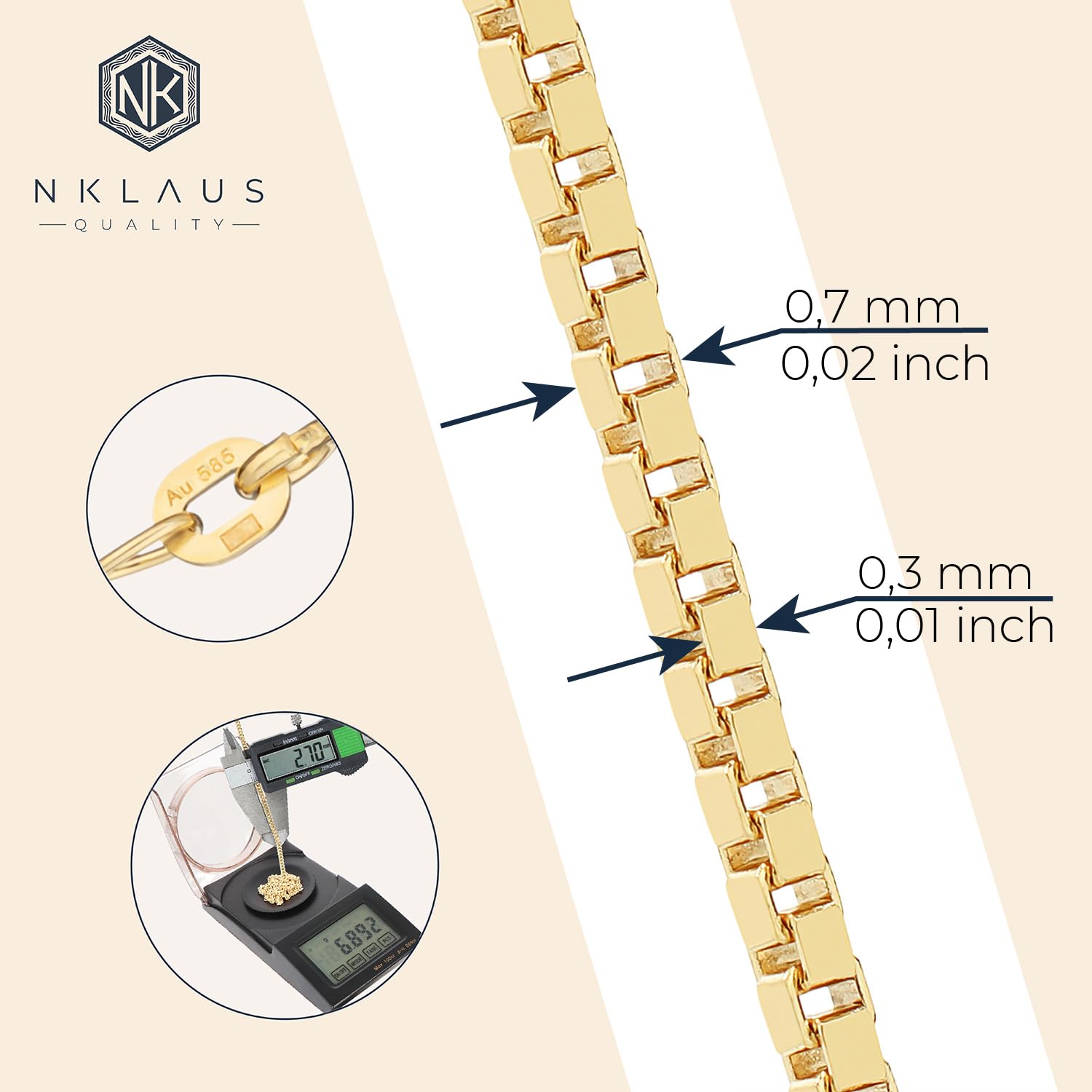 NKlaus 0,7 mm złoty łańcuszek wenecki (długość do wyboru 34 cm – 60 cm) żółte złoto próby 585 łańcuszek na szyję 14-karatowa kolia cienka
