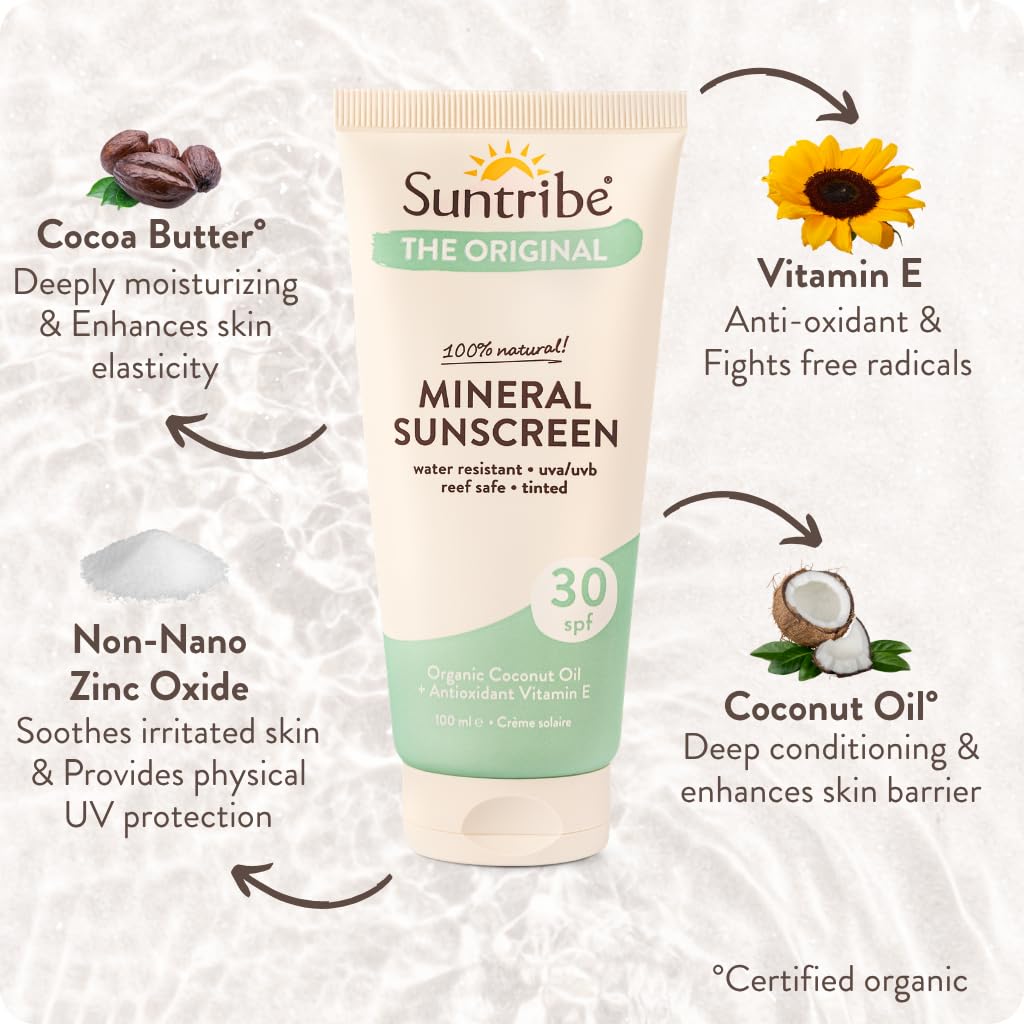 Suntribe Mineralny ekologiczny krem przeciwsłoneczny SPF 30 – ciało i twarz – wolny od nanopowłoku tlenek cynku (mineralny filtr UV) – Reef safe/ryfowany – 8 składników – wodoodporny (100 ml)