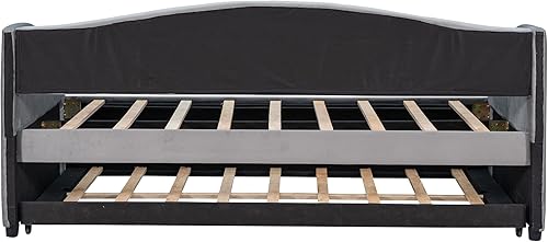 Miniatura 6 de Sofá cama nido con cama nido, tamaño individual, tapizada, de tela, marco de tablillas, soporte para dormitorio, sala de estar, no necesita caja de