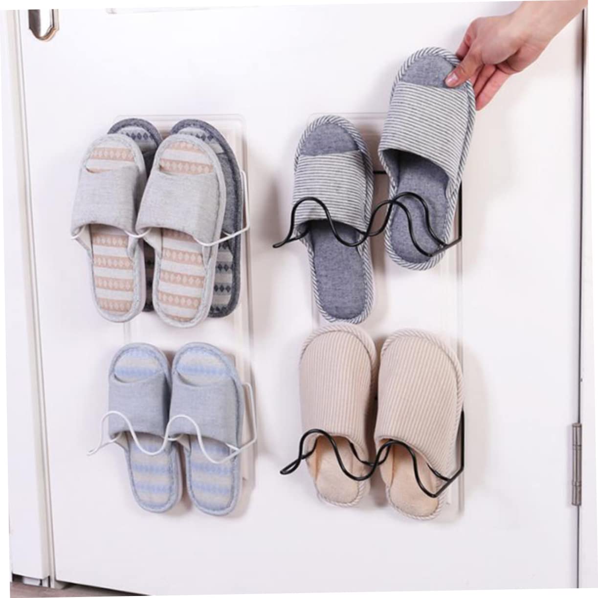 MUCKLILY Double Layer Wall Mounted Slipper Storage Organizer Heavy Duty Shoe Rack for Smooth Surfaces Easy Installation with Adhesive Hooks for Bathroom and Entryway White