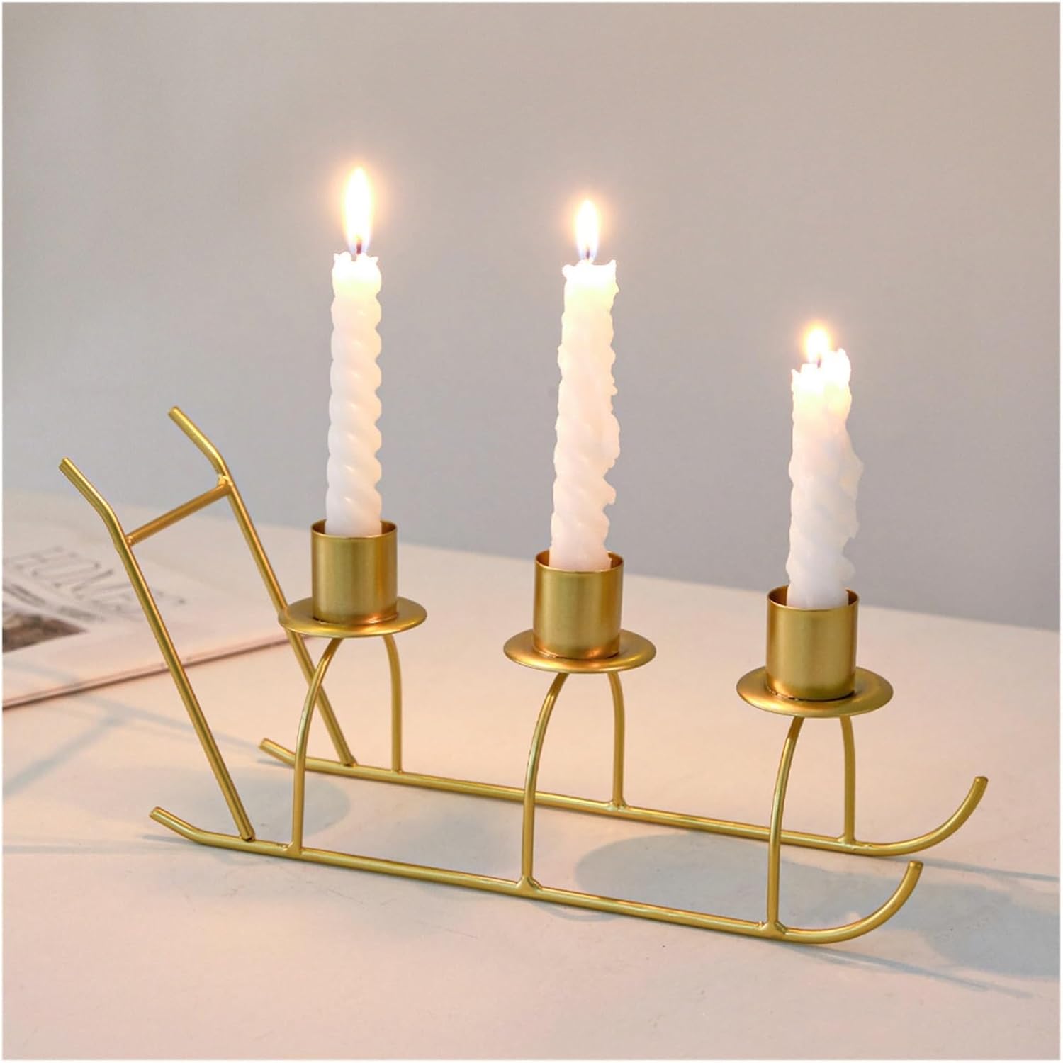 Nordic Romantic Candlelight Dinner Candle Holder Home Decor Props Christmas Metal Ornaments(SledCandlestick3Head-Gold)
