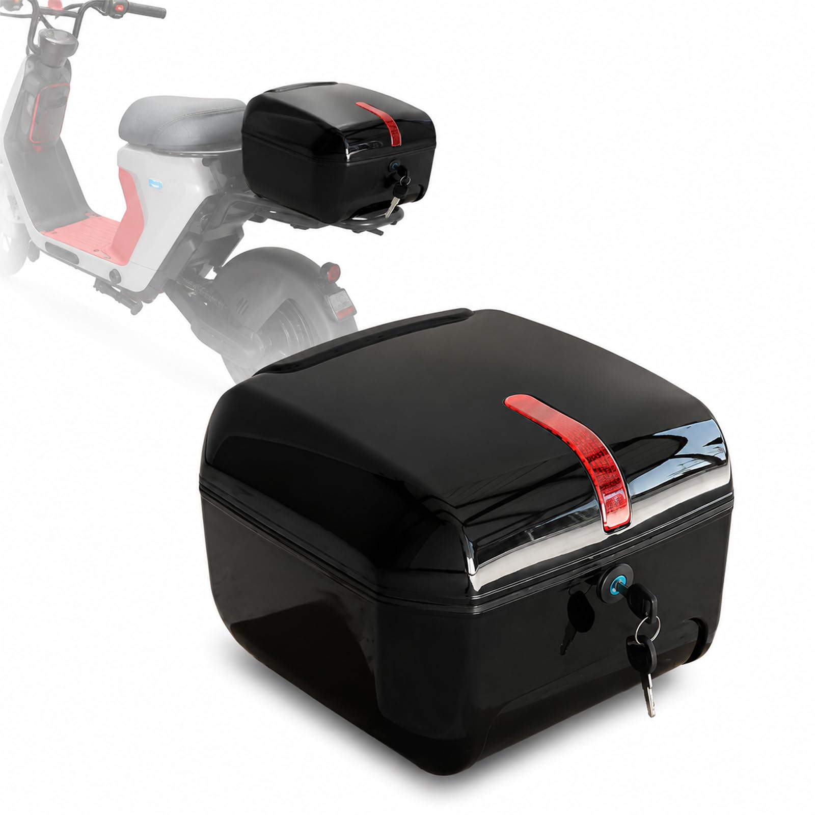 Top Case Universel pour Moto Et Scooter, Coffre Arrière Verrouillable en Abs Rigide, Résistant À Leau Et Doté Dune Bande Réfléchissante, Compatible avec Vélos Électriques White