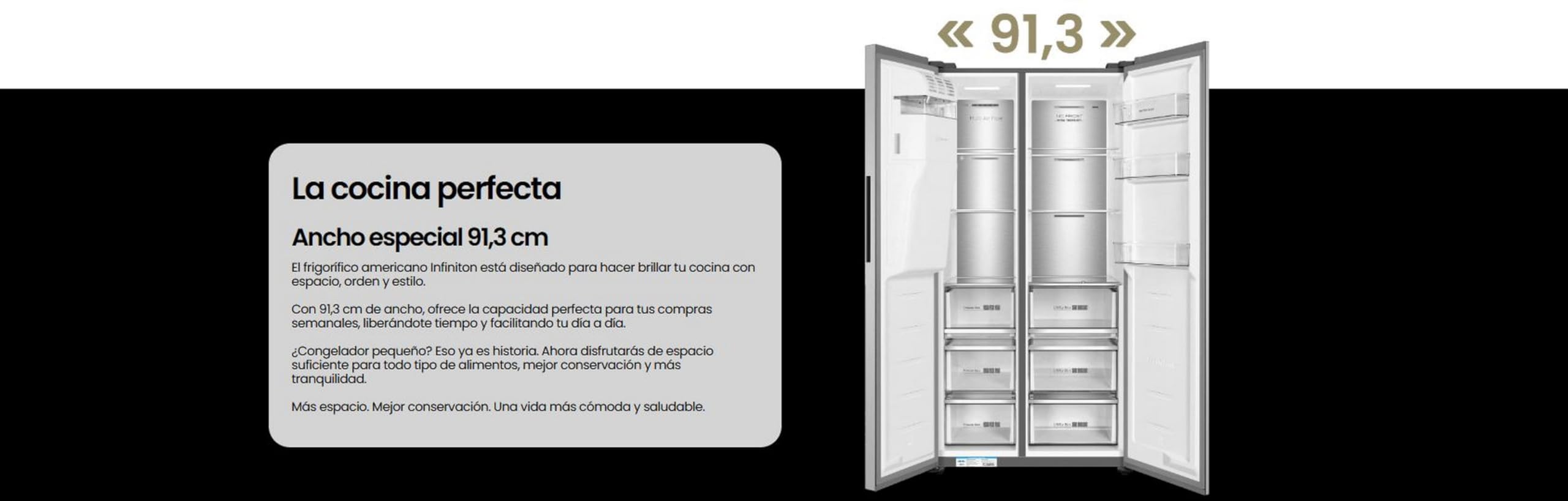Frigorifico Americano Infiniton SBS-591A85XEI, 591 Litros, Total No Frost, E, Dispensador de Agua e Hielo requiere toma de agua, Inox Antihuellas, Panjtalla LCD, 39 dB